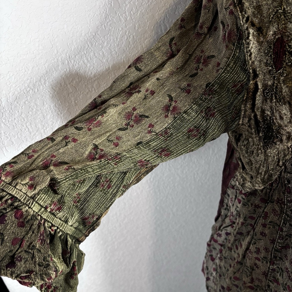 Boho Velvet Patchwork V-Neck Blouse in Olive & Burgundy - Picture 4 of 16
